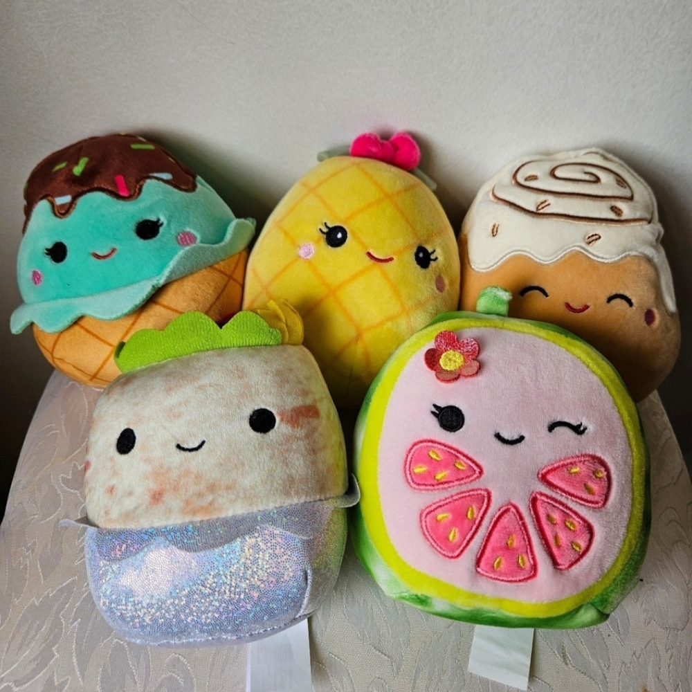 Burrito, ice cream, pineapple, watermelon, and cinnamon roll squishmallows